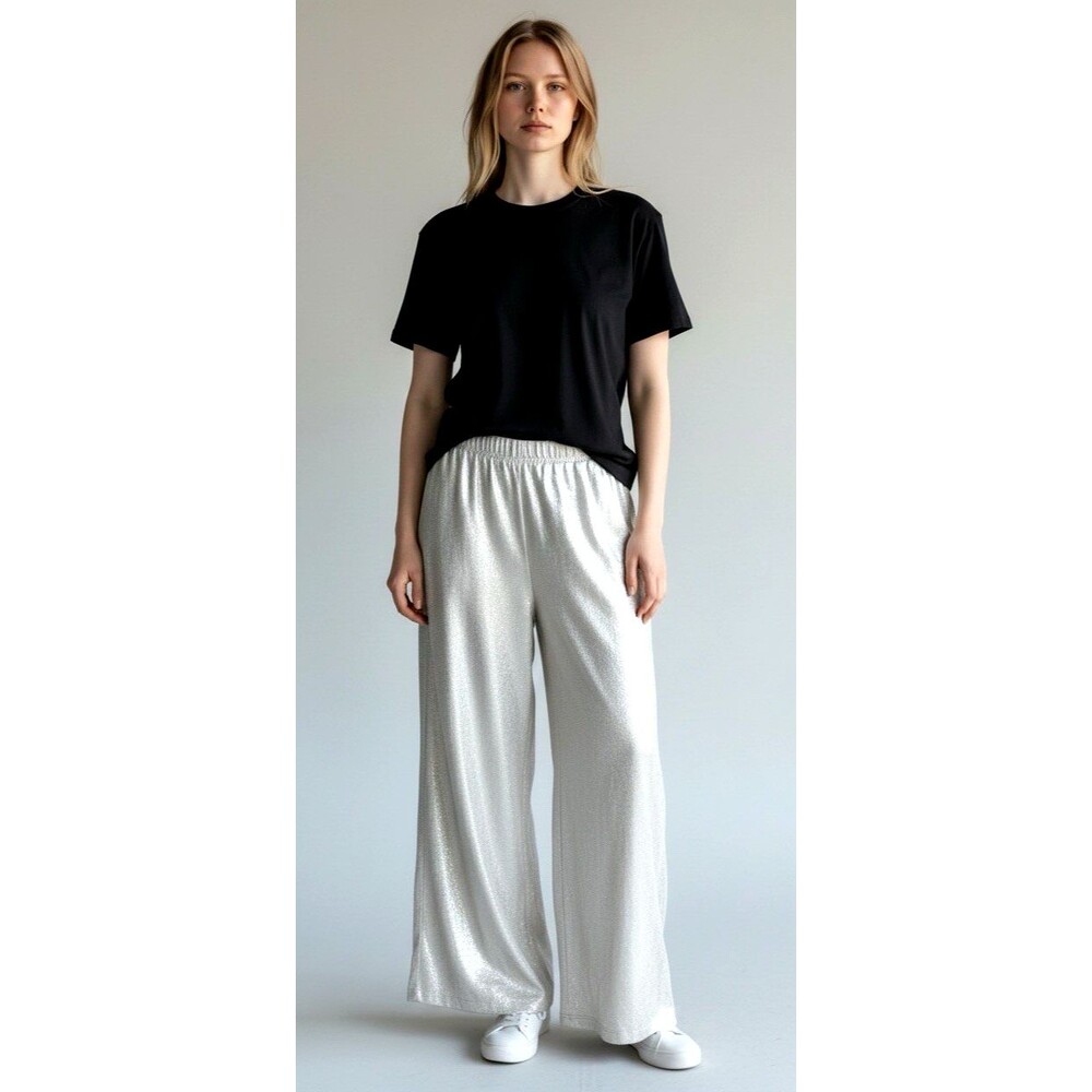 Zara womens NEW wide leg silver glam screen pants Medium summer vacation party